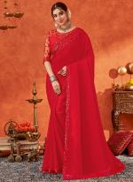 Chiffon Red Party Wear Embroidery Work Saree